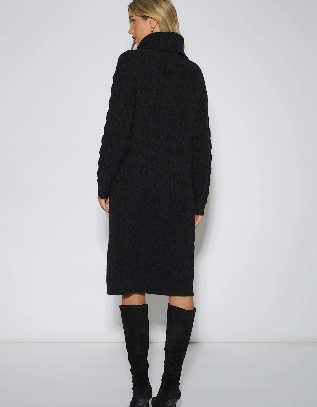 Black High Neck Cable Knit Shift Dress