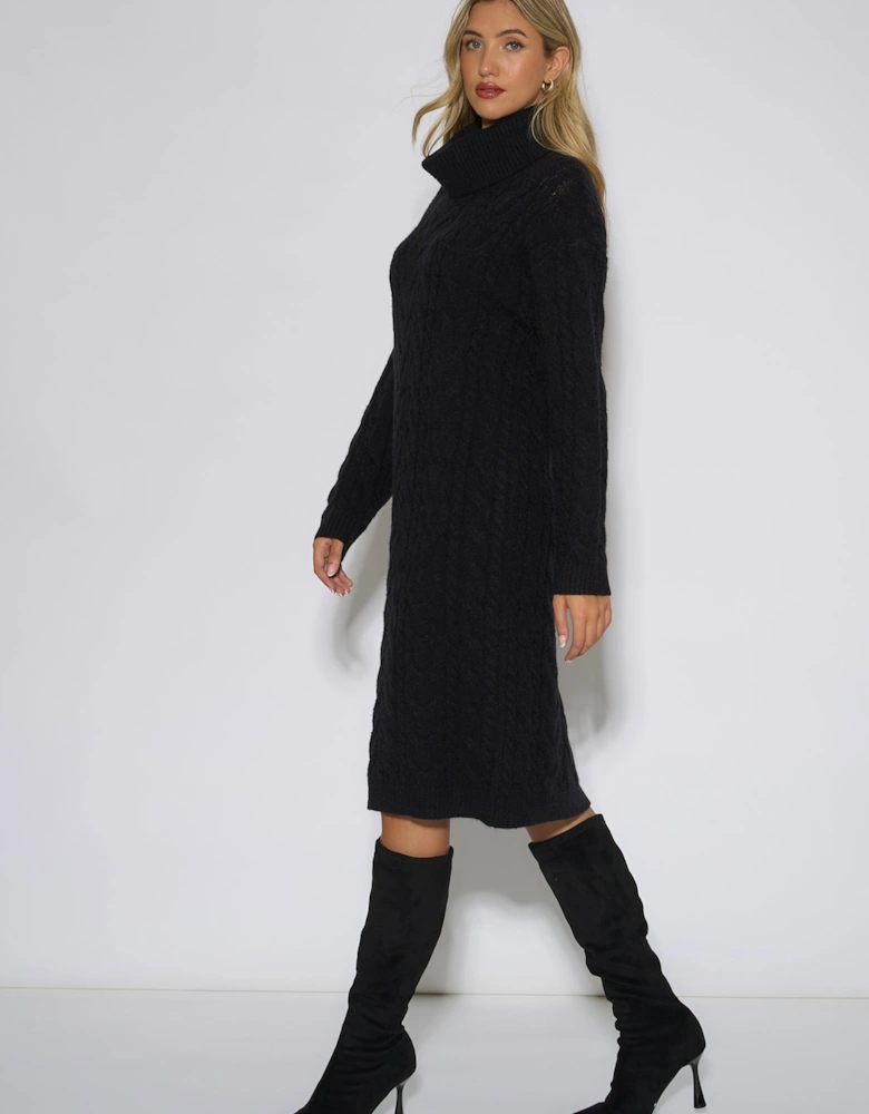 Black High Neck Cable Knit Shift Dress