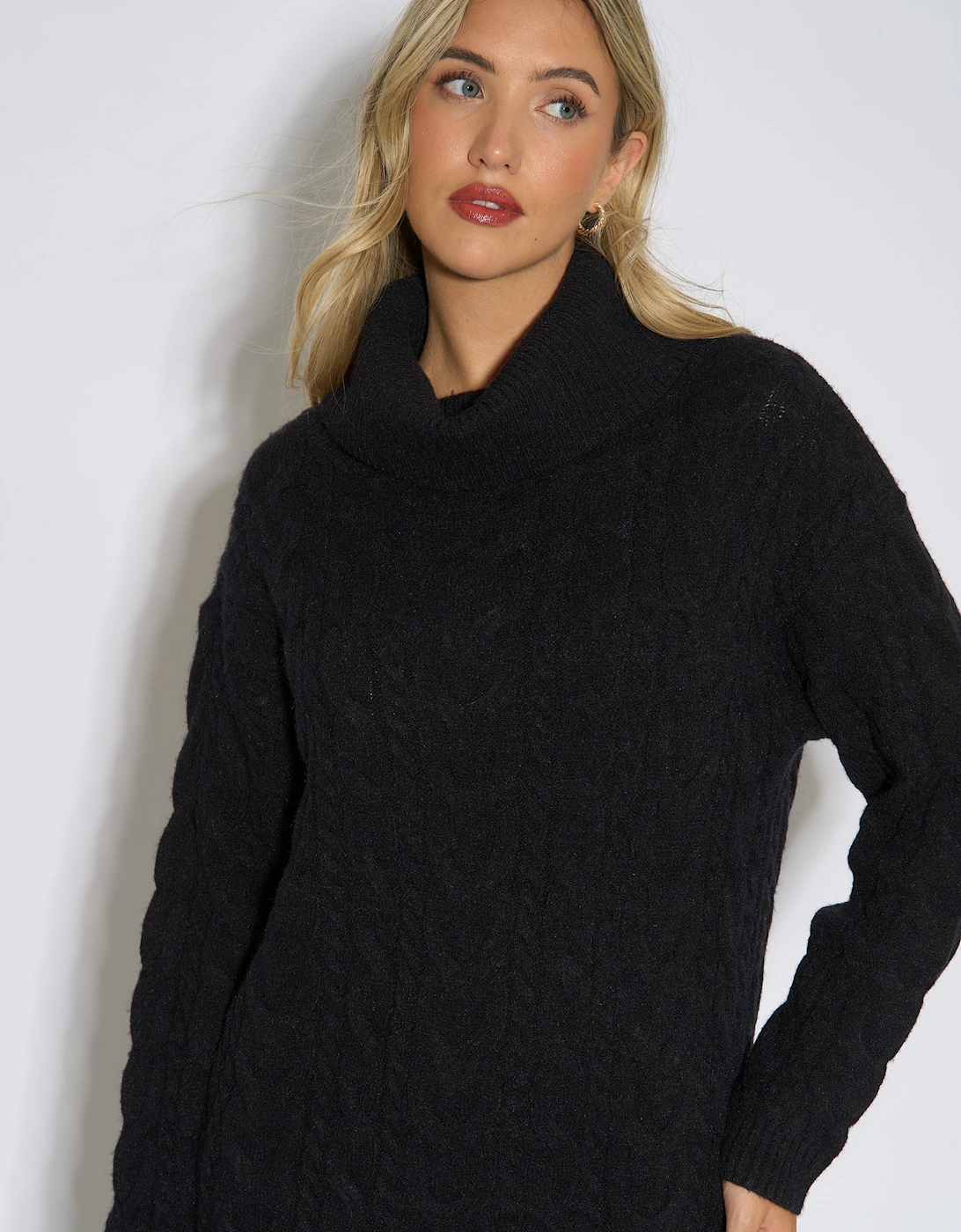 Black High Neck Cable Knit Shift Dress