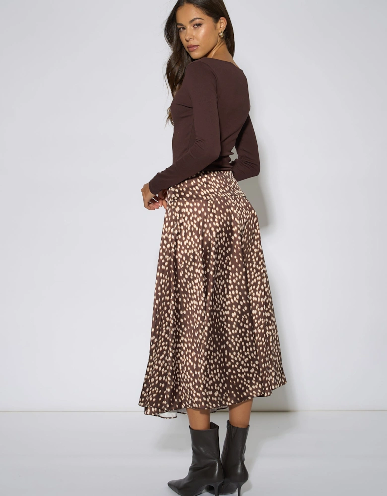 Brown Asymmetric Animal Print A Line Midi Skirt
