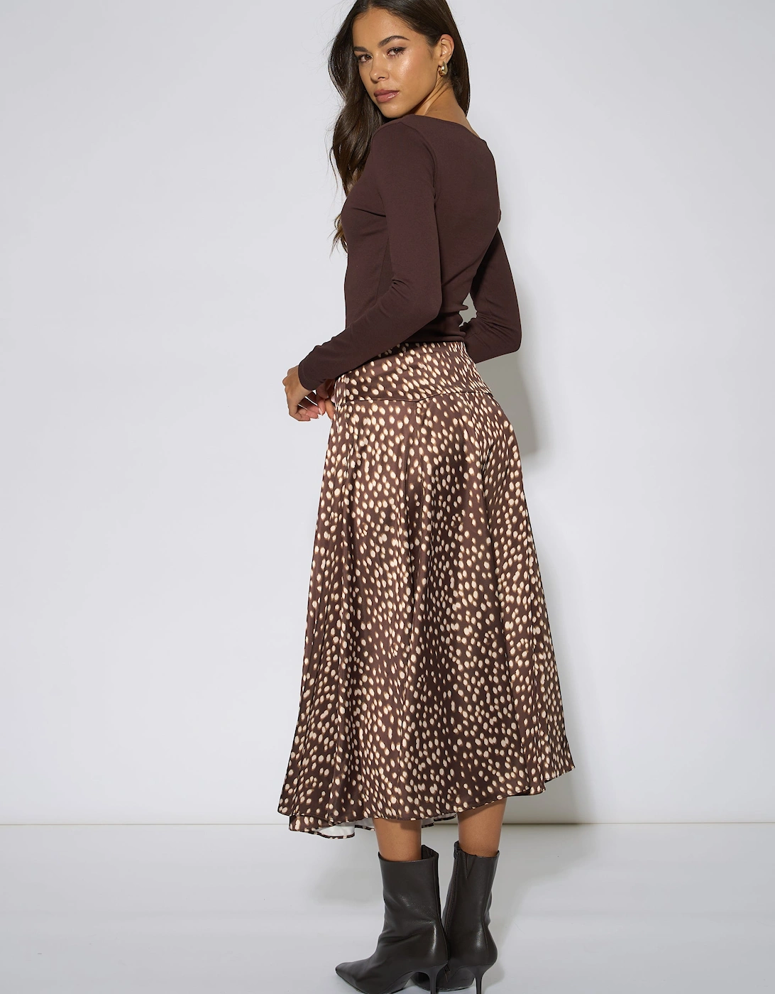 Brown Asymmetric Animal Print A Line Midi Skirt
