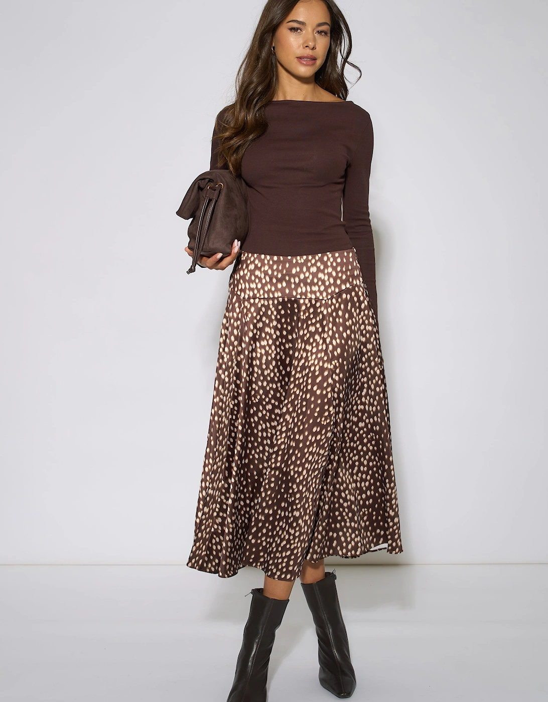 Brown Asymmetric Animal Print A Line Midi Skirt
