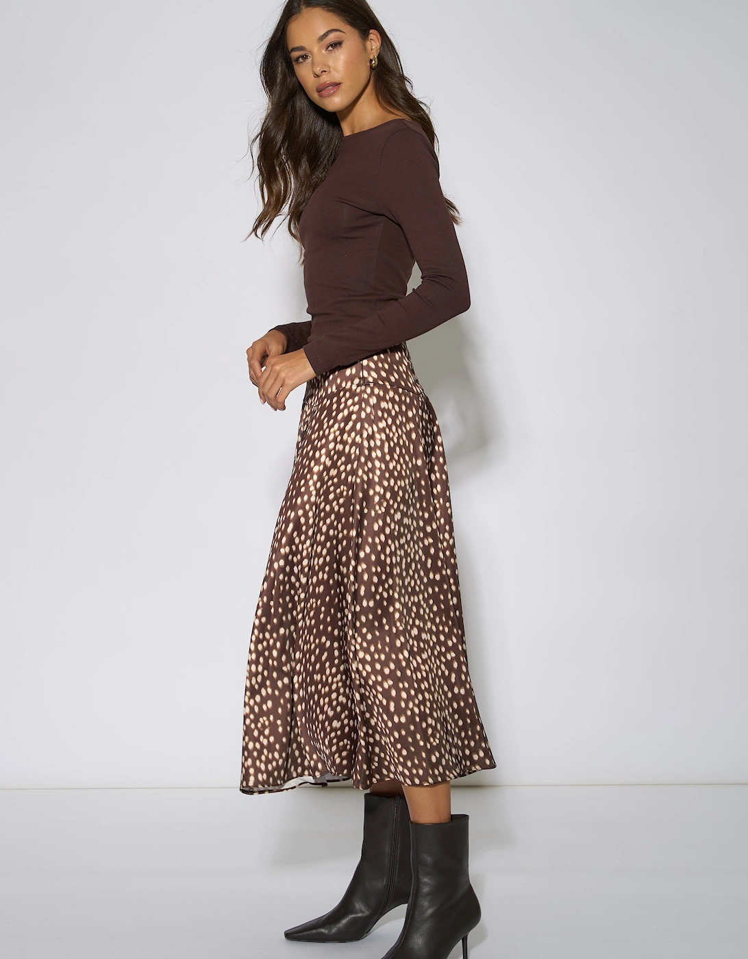 Brown Asymmetric Animal Print A Line Midi Skirt