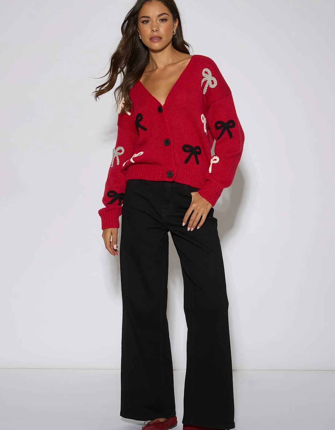 Red 3D Bow Long Sleeve Knit Cardigan