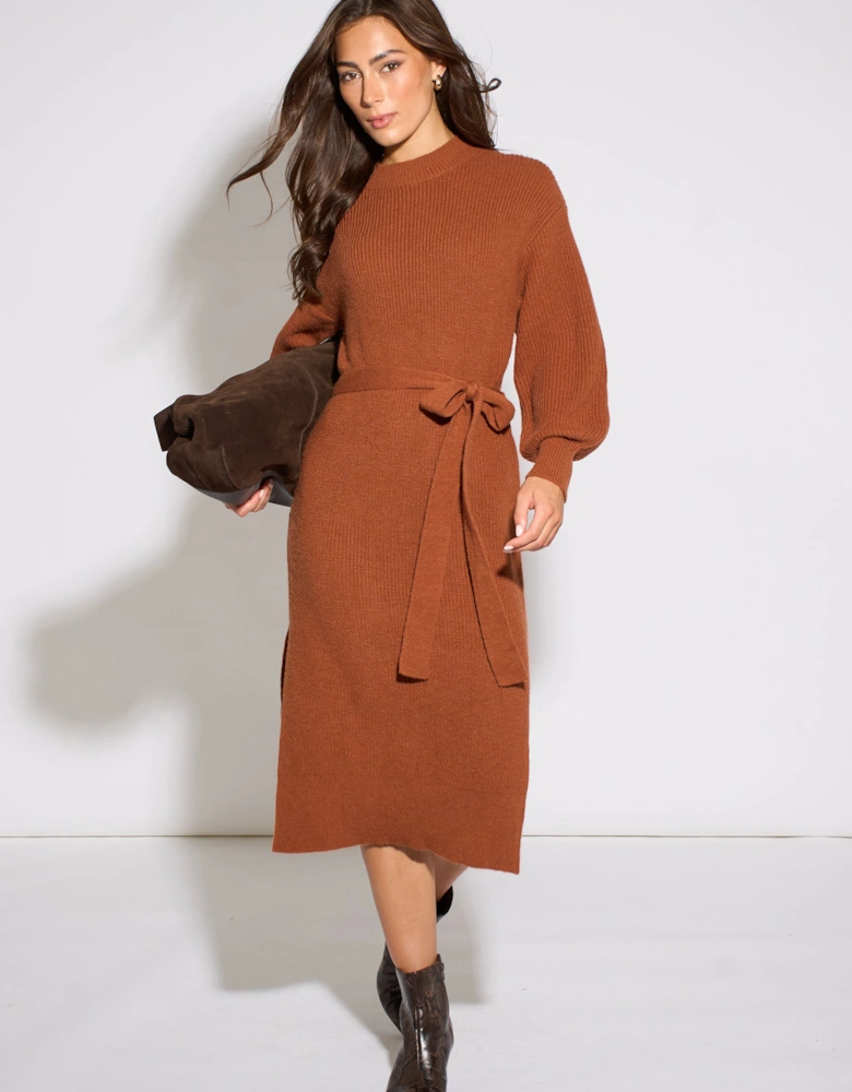 Tan Belted Knitted Long Sleeve Dress