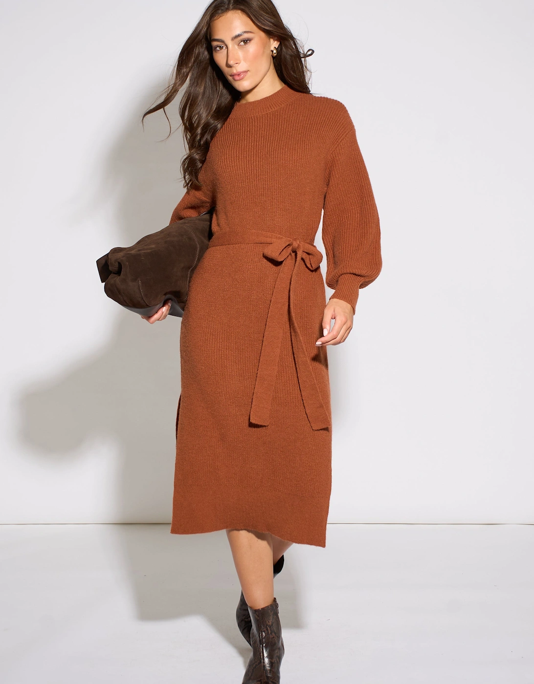 Tan Belted Knitted Long Sleeve Dress