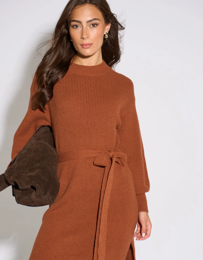 Tan Belted Knitted Long Sleeve Dress