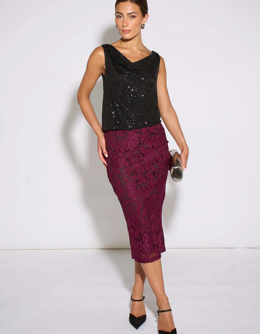 Plum Corded Lace Pencil Midi Skirt