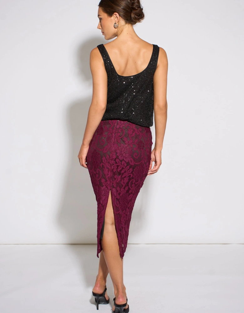 Plum Corded Lace Pencil Midi Skirt