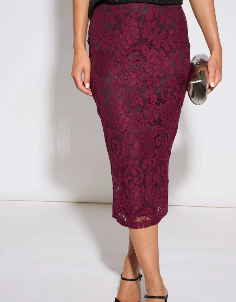 Plum Corded Lace Pencil Midi Skirt
