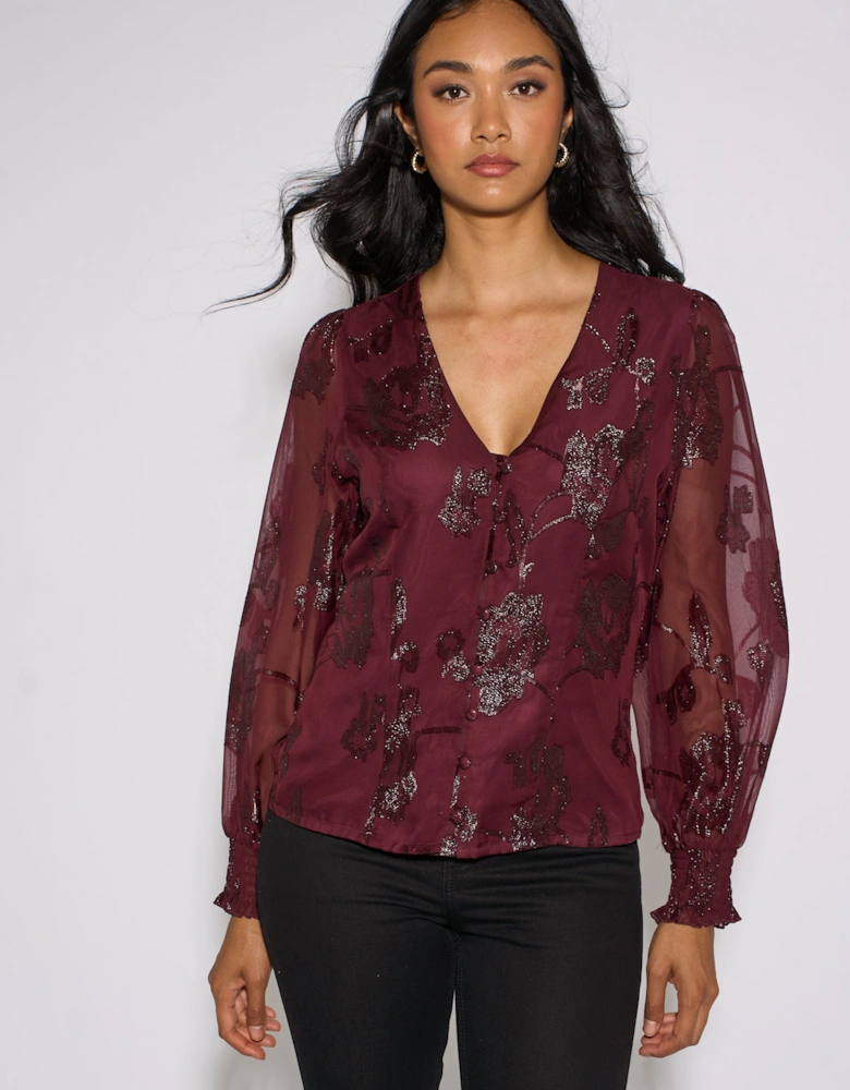 Plum Floral Sparkle Jacquard Blouse