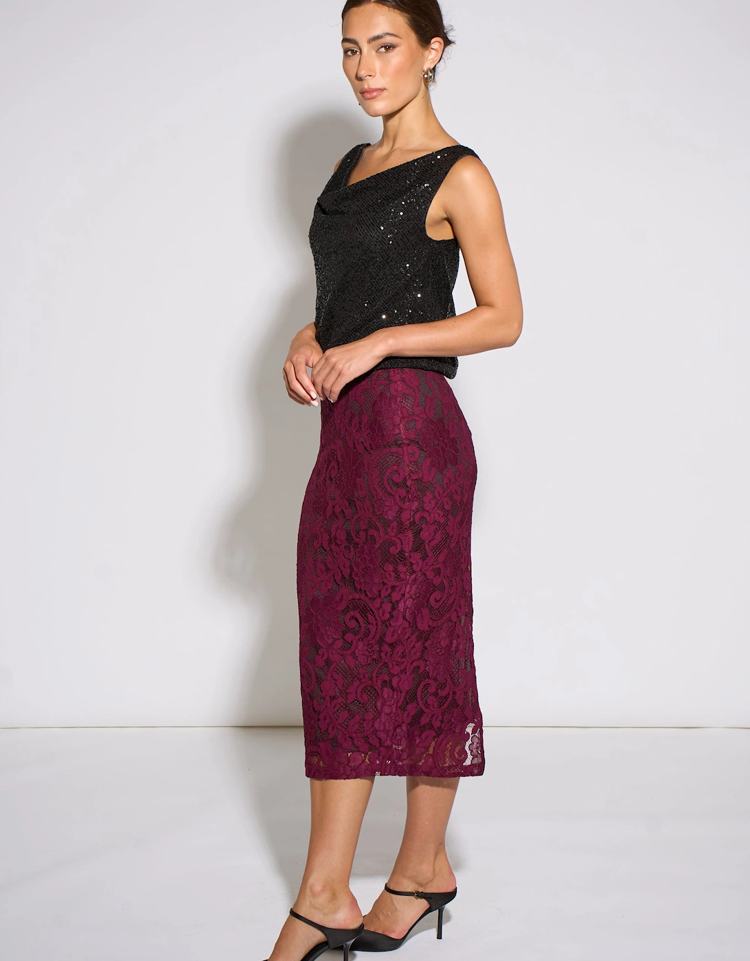 Plum Corded Lace Pencil Midi Skirt