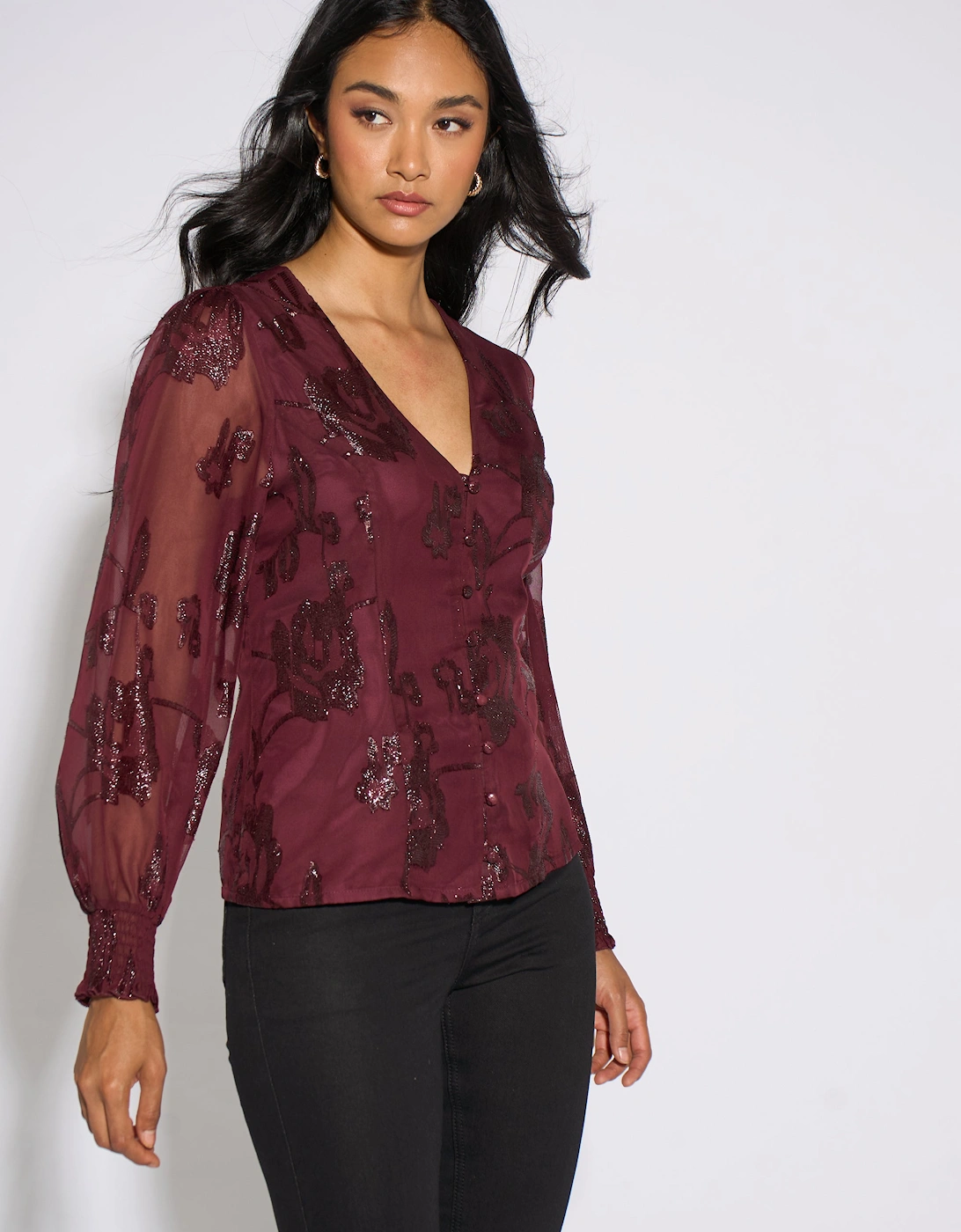 Plum Floral Sparkle Jacquard Blouse