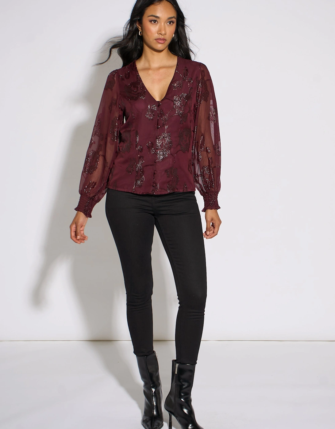Plum Floral Sparkle Jacquard Blouse