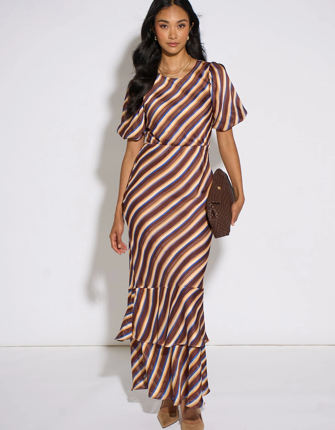 Brown Stripe Sparkle Chiffon Maxi Dress