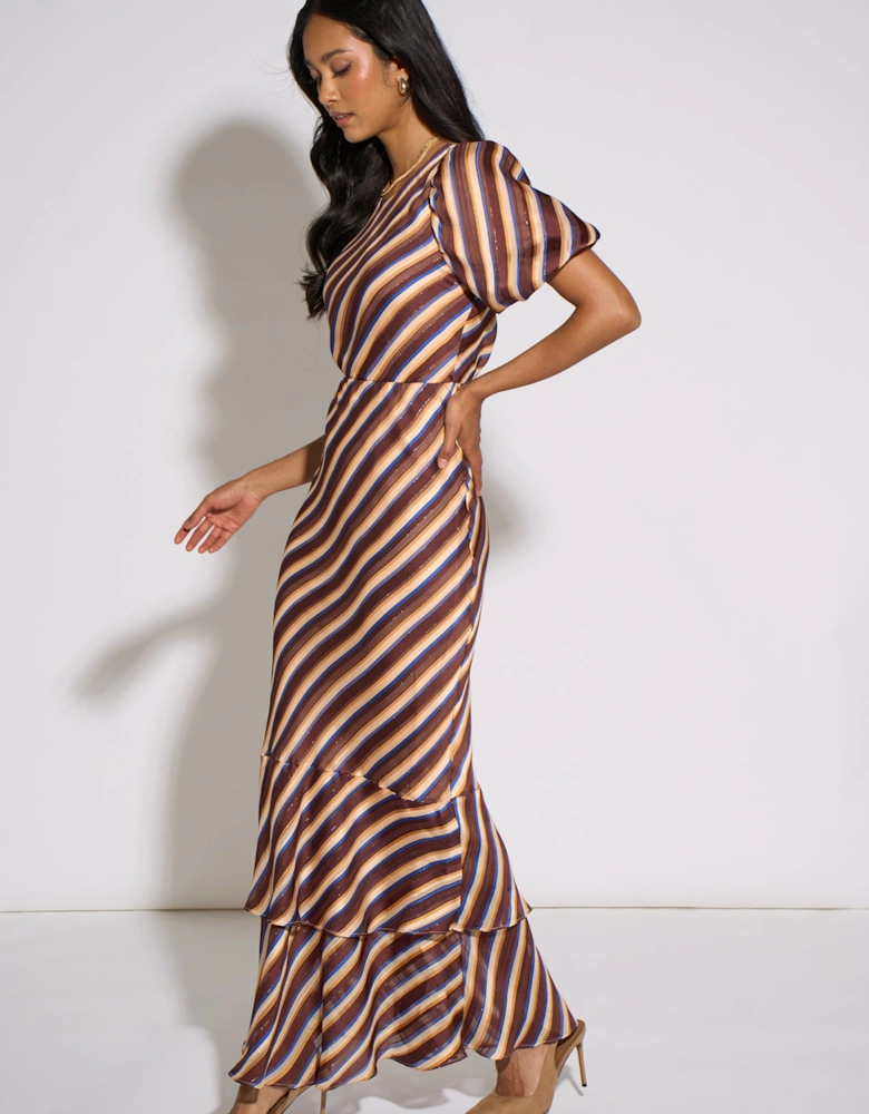 Brown Stripe Sparkle Chiffon Maxi Dress