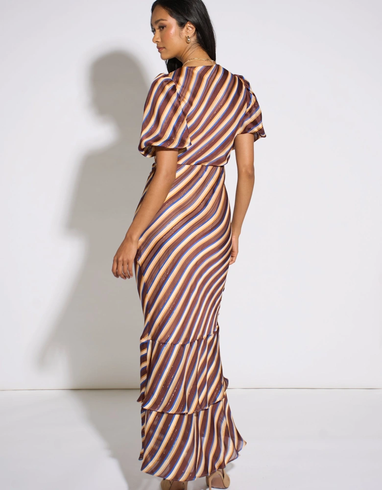 Brown Stripe Sparkle Chiffon Maxi Dress