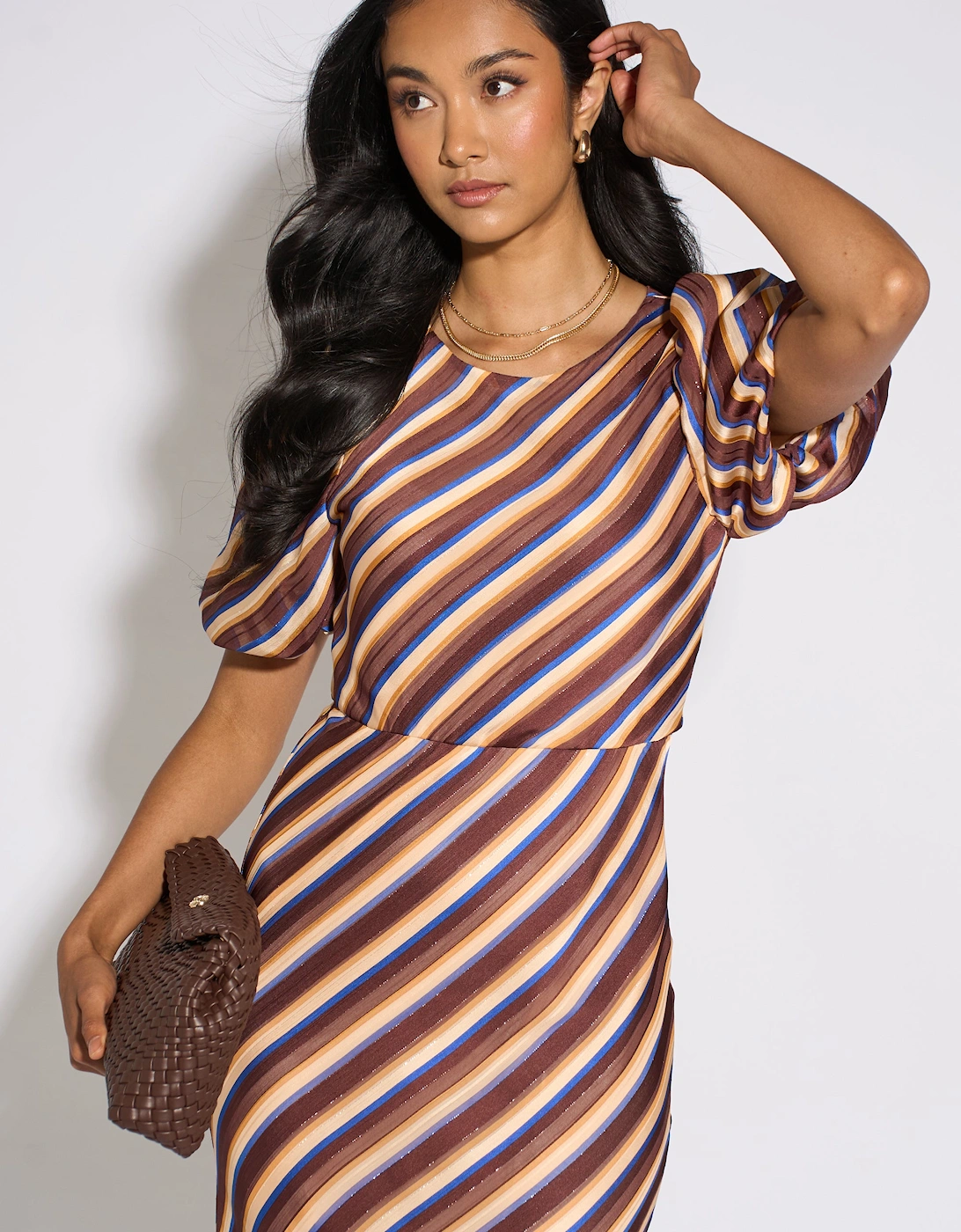 Brown Stripe Sparkle Chiffon Maxi Dress