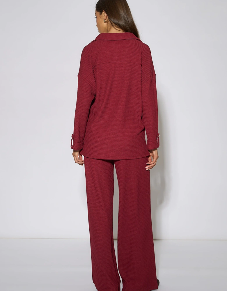 Mulberry Textured V Neck Roll Up Sleeves Top