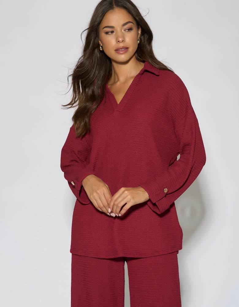 Mulberry Textured V Neck Roll Up Sleeves Top