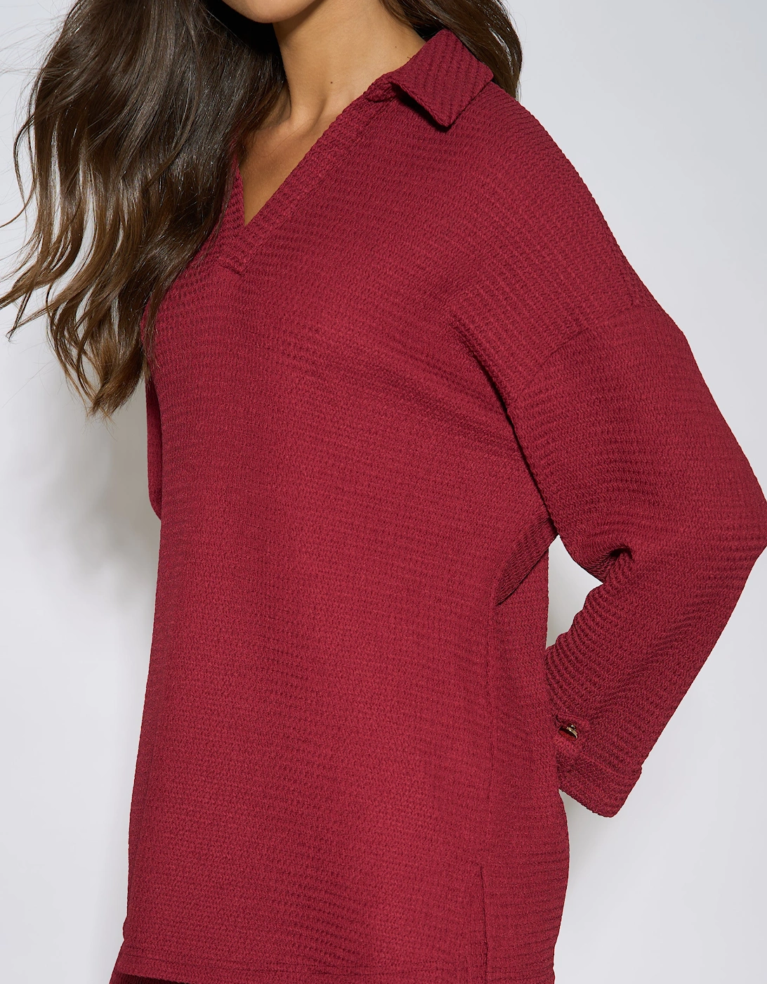 Mulberry Textured V Neck Roll Up Sleeves Top