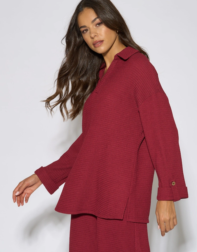 Mulberry Textured V Neck Roll Up Sleeves Top