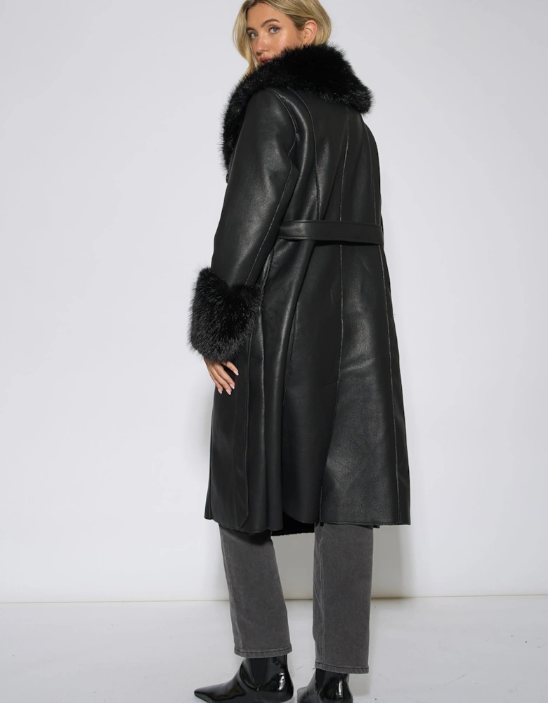 Black Fur Trim Faux Leather Wrap Longline Coat