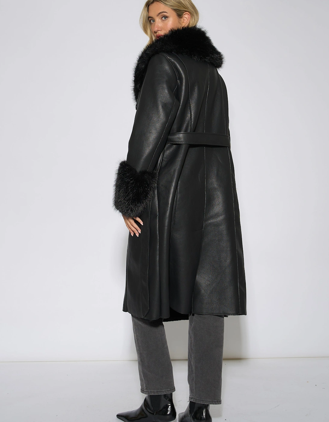 Black Fur Trim Faux Leather Wrap Longline Coat