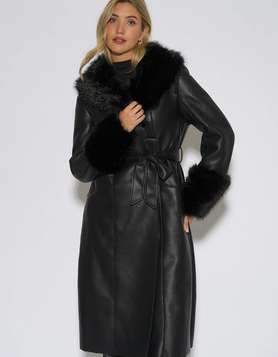 Black Fur Trim Faux Leather Wrap Longline Coat