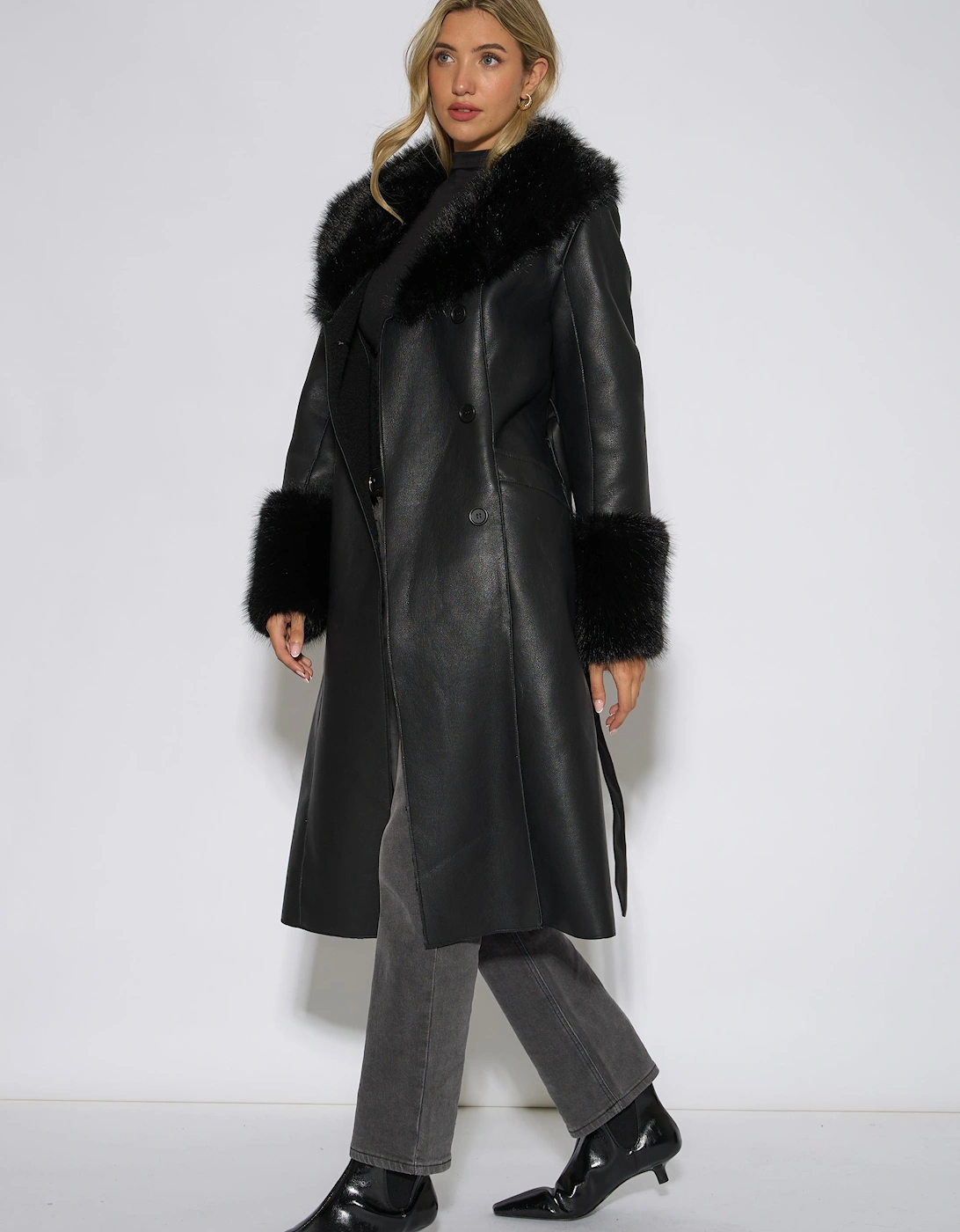 Black Fur Trim Faux Leather Wrap Longline Coat
