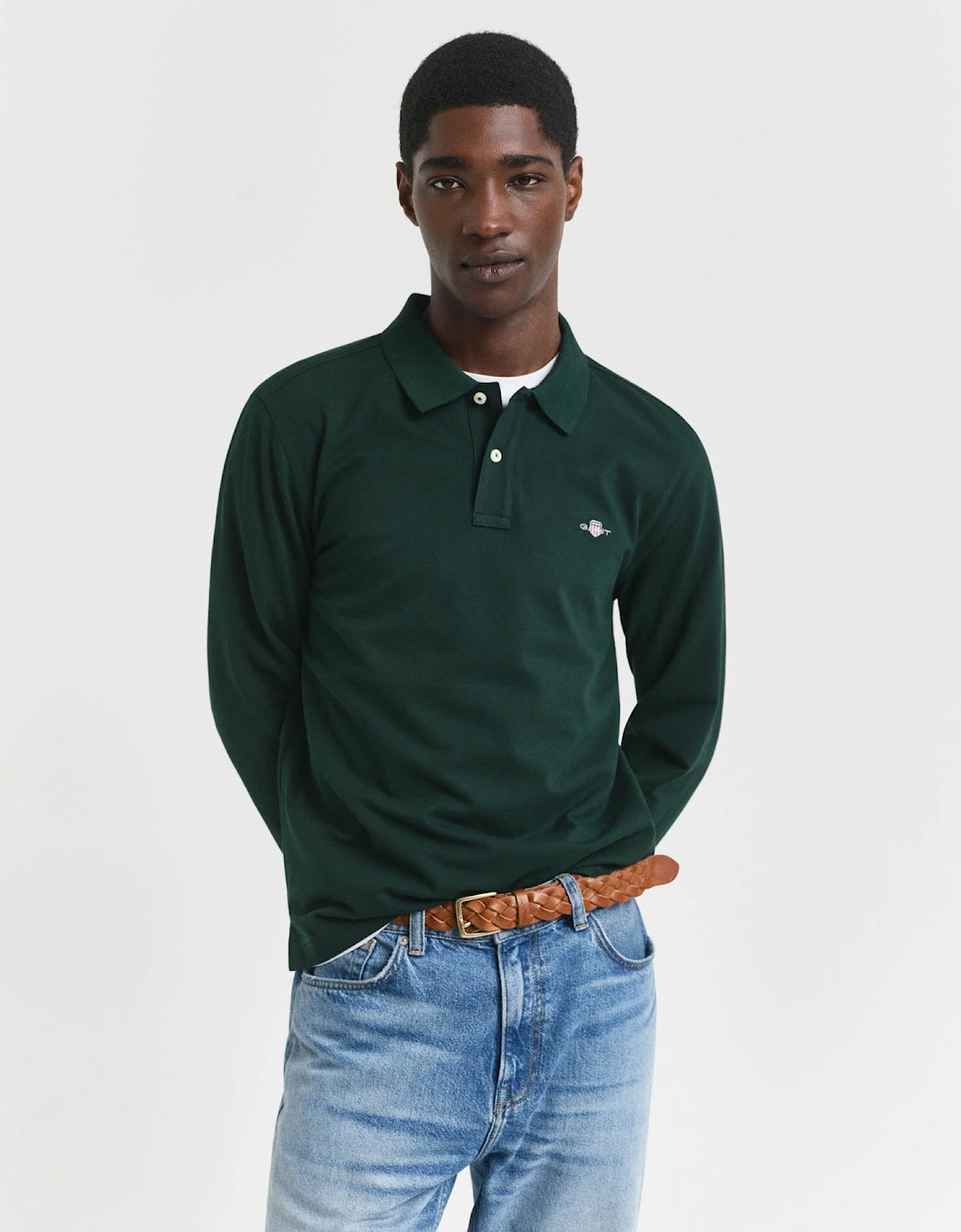 Gant Men's GANT Mens Regular Fit Long Sleeve Shield Logo Pique Rugger - 374 Tartan Green