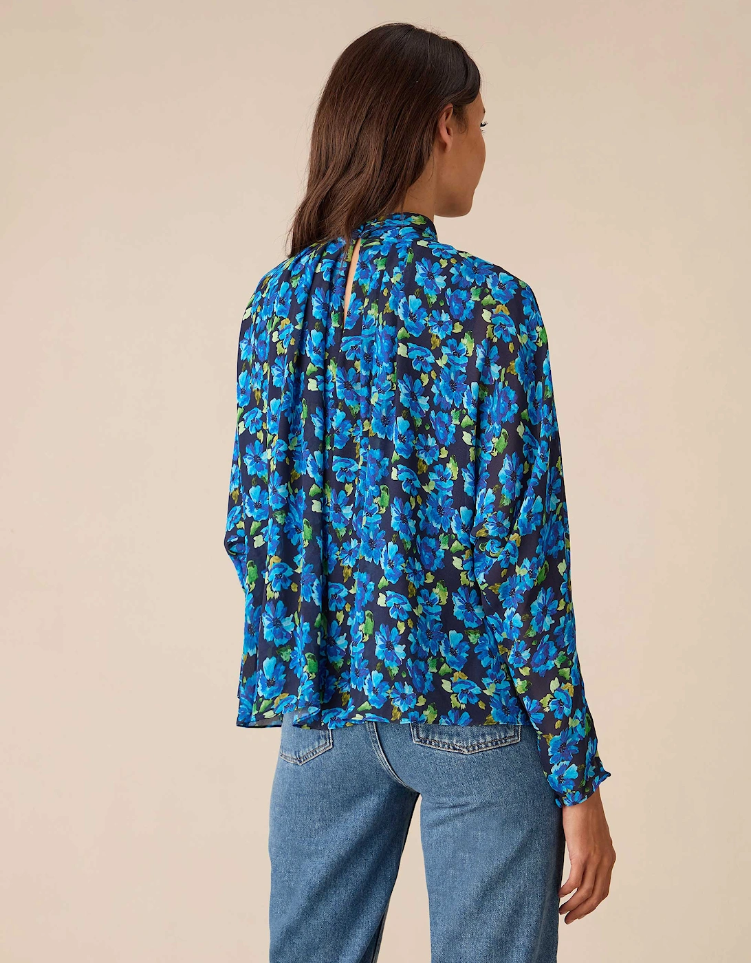 Blue Floral Print Batwing Sleeve Blouse
