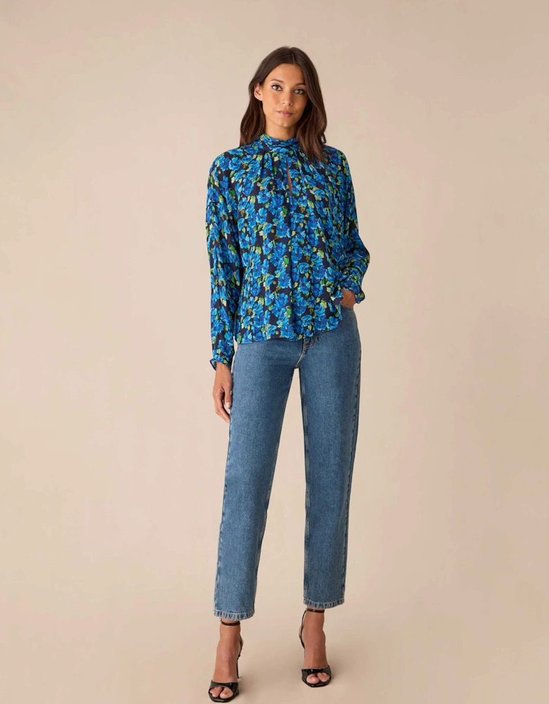 Blue Floral Print Batwing Sleeve Blouse
