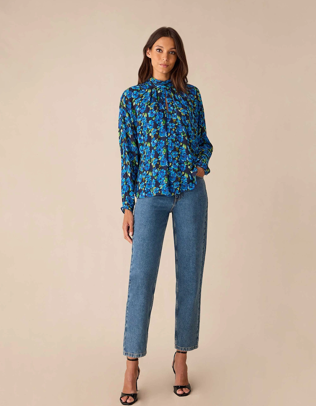 Blue Floral Print Batwing Sleeve Blouse