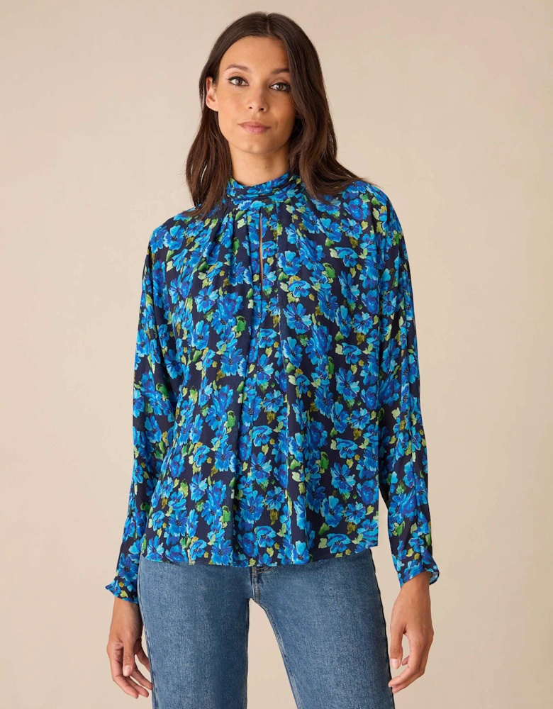 Blue Floral Print Batwing Sleeve Blouse