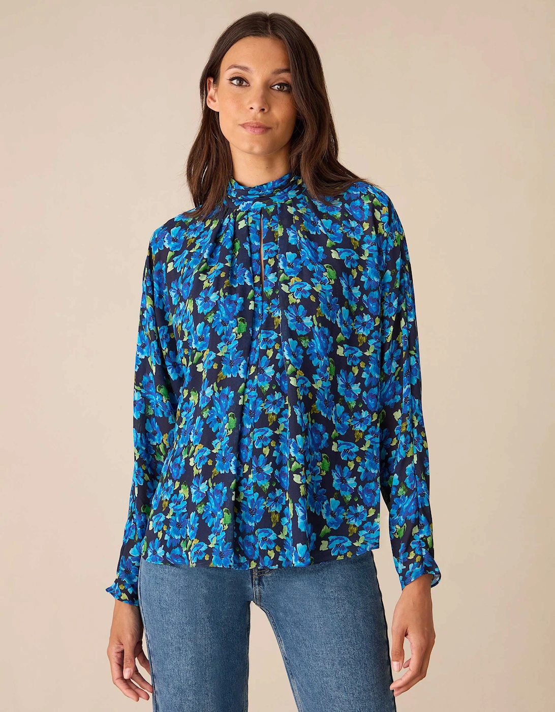 Blue Floral Print Batwing Sleeve Blouse