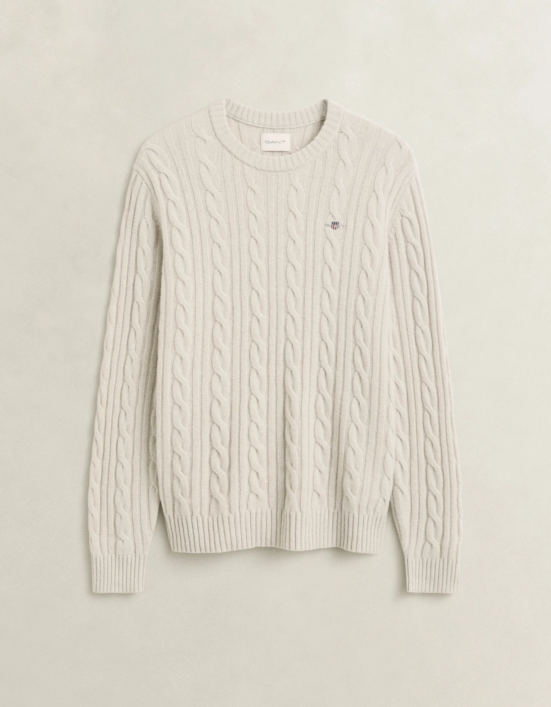 GANT Mens Lambswool Cable Crew Neck Sweater - 215 Clay Beige