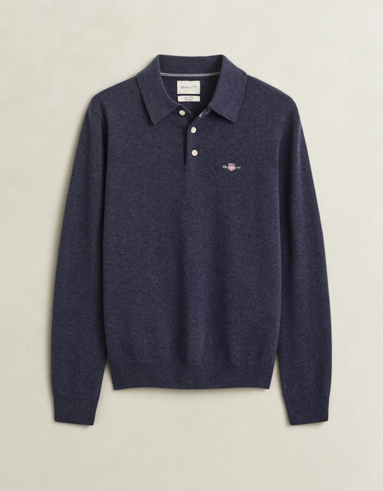GANT Mens Superfine Lambswool Long Sleeve Polo - 480 Dark Navy Melange