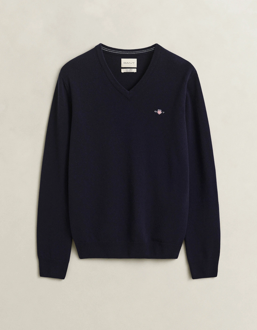 Gant Men's Navy Superfine Lambswool V-Neck Sweater - 410 Marine - Size 44