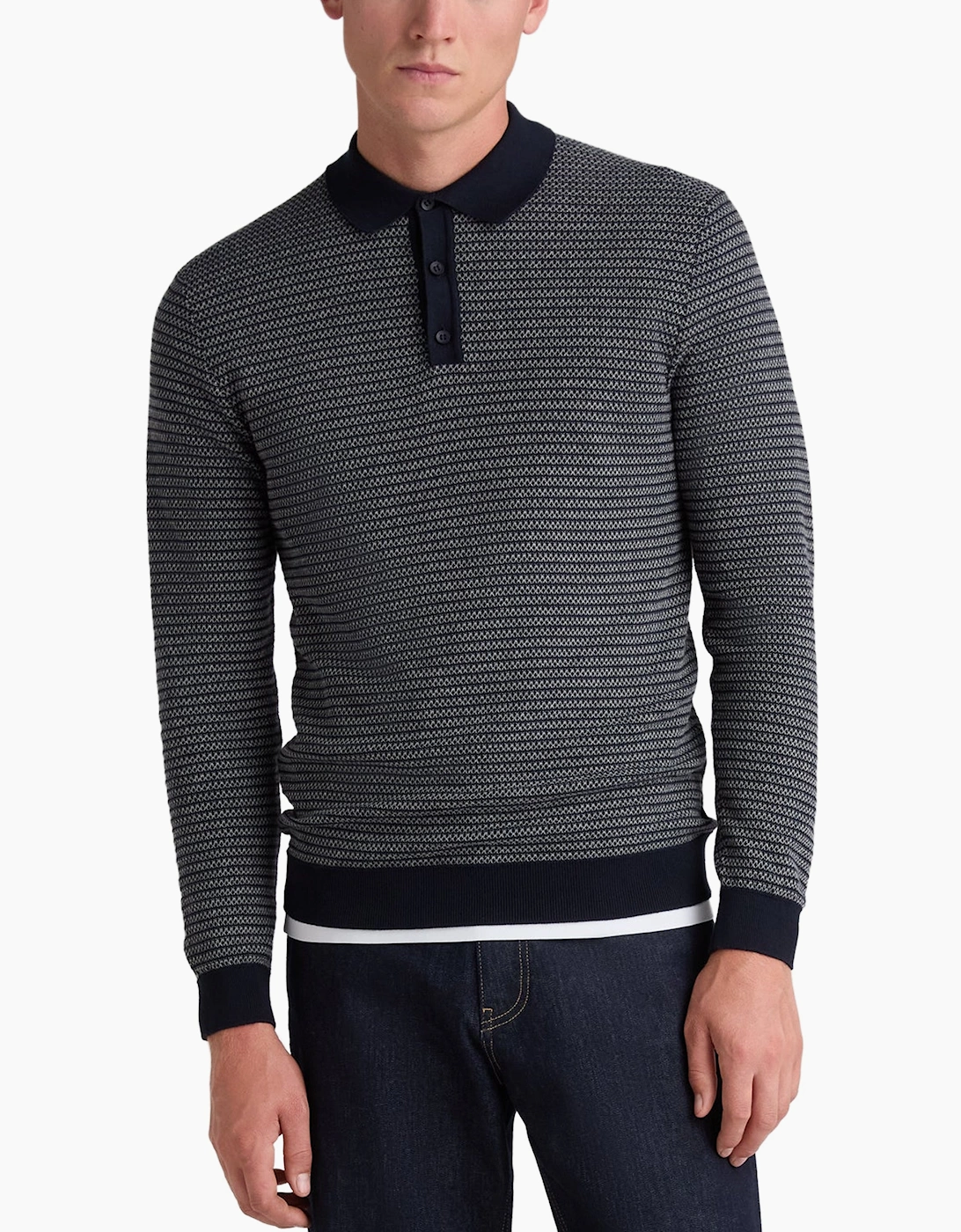 Remus Uomo Navy Textured Long Sleeve Cotton Polo