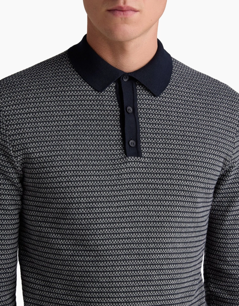 Remus Uomo Navy Textured Long Sleeve Cotton Polo