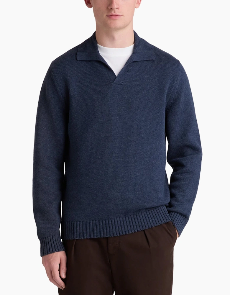 Remus Uomo Navy Collared V Neck Cotton Jumper