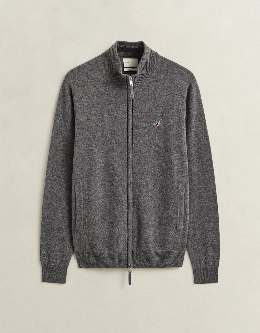 GANT Mens Superfine Lambswool Full Zip Sweater - 90 Charcoal Melange