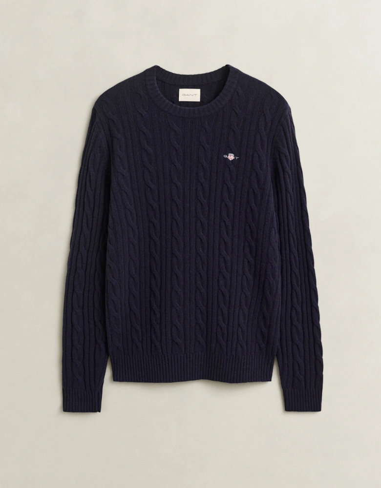 GANT Mens Lambswool Cable Crew Neck Sweater - 433 Evening Blue