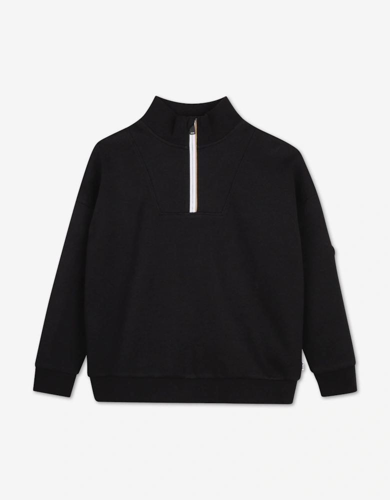 BOSS Boys Half Zip Bonded Piqué Sweatshirt in Black