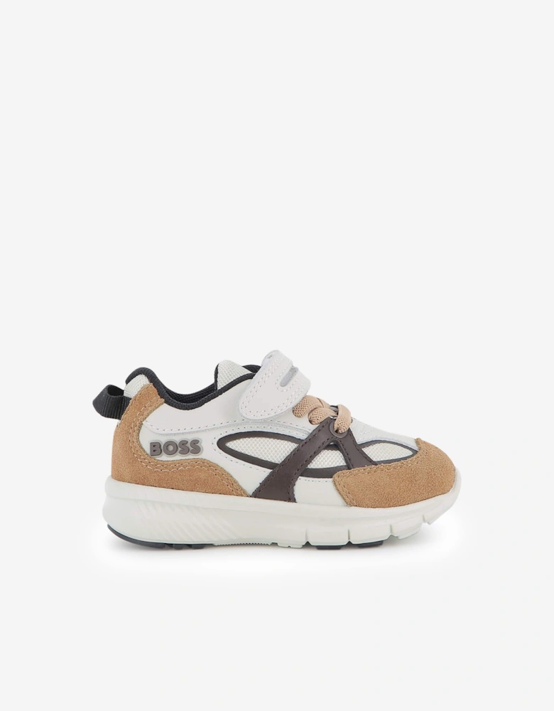 BOSS Boys Leather and Mesh Logo Trainers in Brown