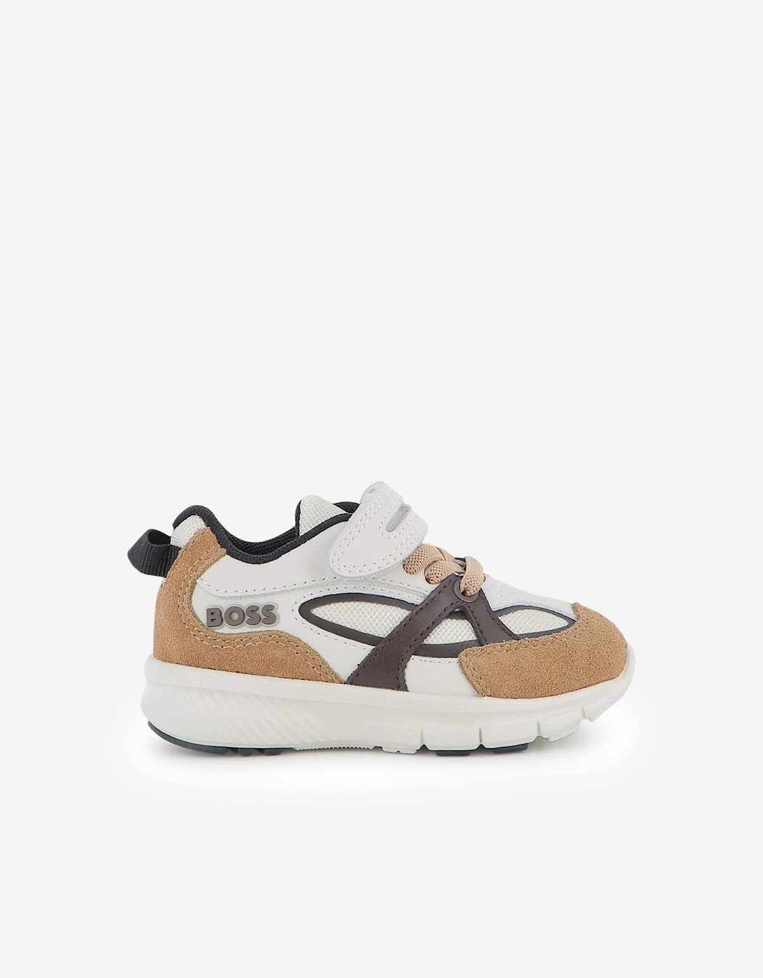 BOSS Boys Leather and Mesh Logo Trainers in Brown