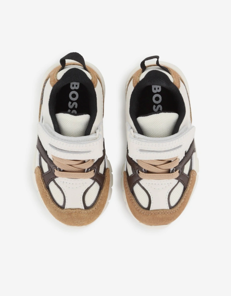 BOSS Boys Leather and Mesh Logo Trainers in Brown
