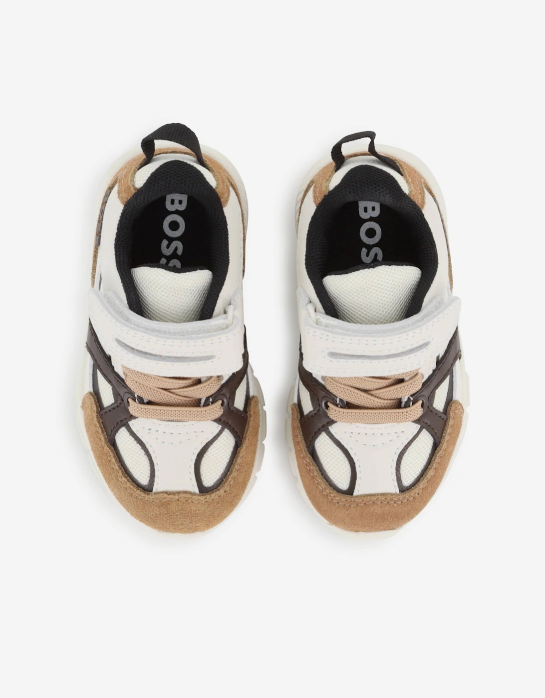 BOSS Boys Leather and Mesh Logo Trainers in Brown