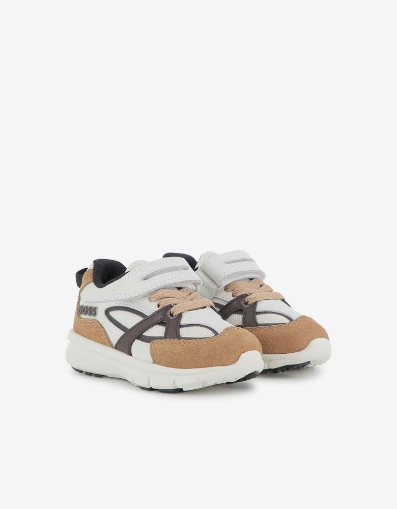 BOSS Boys Leather and Mesh Logo Trainers in Brown